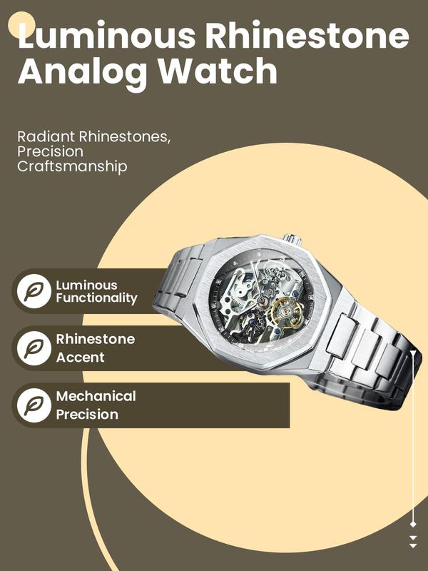 Classic Business Rhinestone Decorated Analog Mechanical Watch for Men, Fashion Luminous Hands Watch for Party, Daily Decor, Trendy Watch for Birthday Gift with Box, Fall Outfits, Fall Freshness