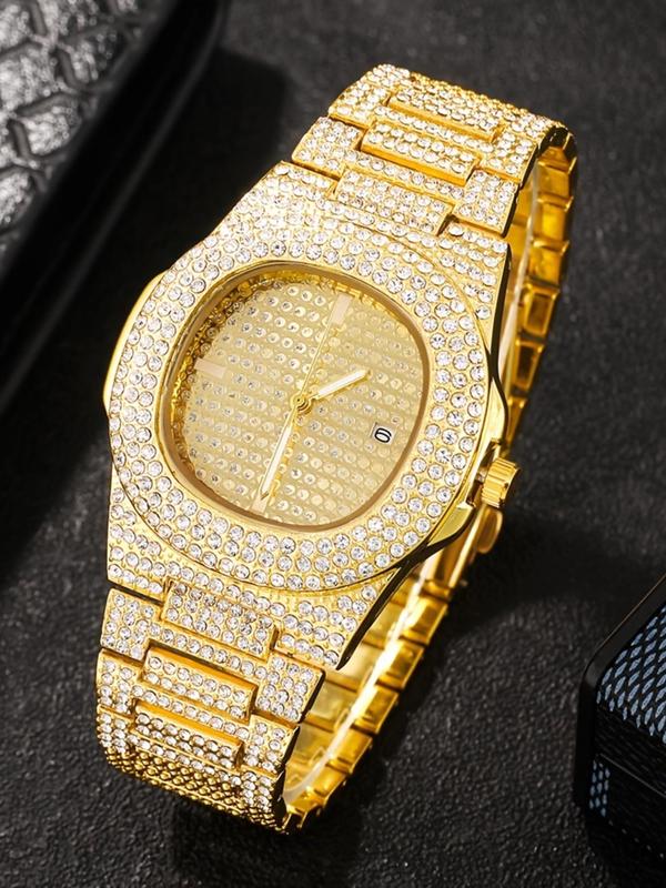 Men's Business Fashion Rhinestone Decorated Watch & Bracelet & Necklace Set, Fashion Watch Set for Party, Daily  Decor, Trendy Exquisite Watch Set for Gift