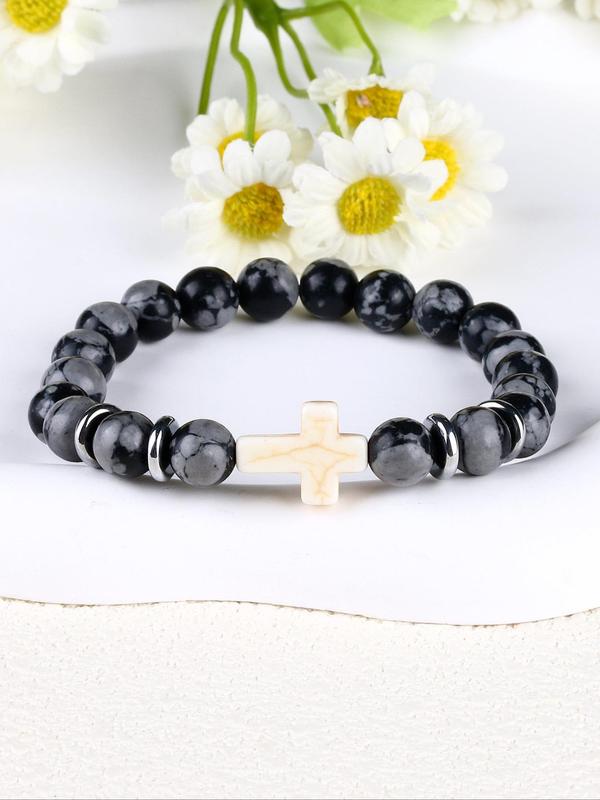 Cross & Snowflake Stone Beaded Bracelet, Vintage Elegant Snowflake Stone Beaded Bracelet for Women & Men, Fashion All-match Jewelry, Holiday Birthday Gifts for Women & Men