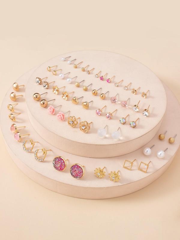 30 Pairs Women's Elegant Rhinestone & Faux Pearl Decorated Stud Earrings, Heart & Flower & Bowknot Design Stud Earrings,  Fashionable Jewelry For Women & Girls