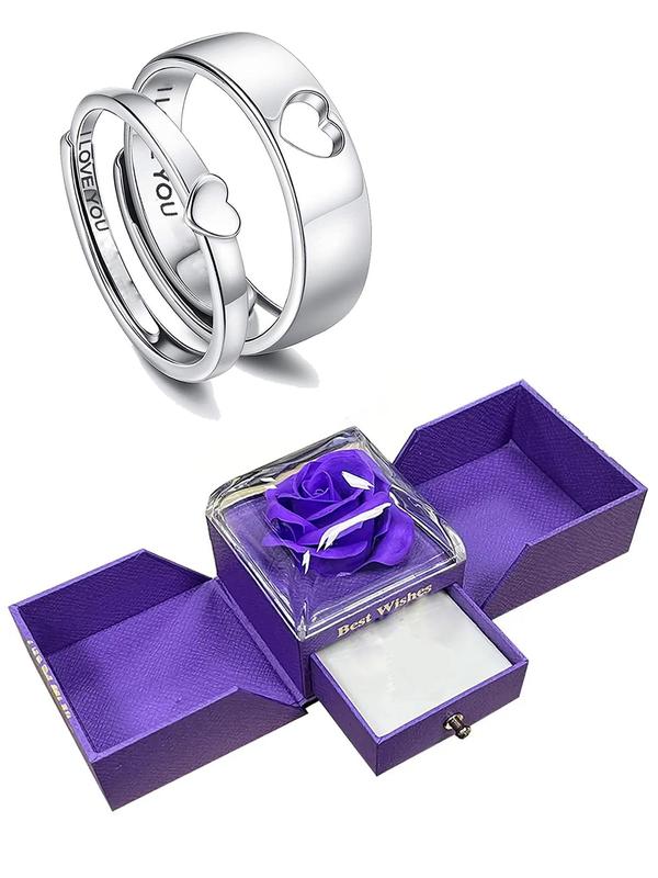Hollow Out Heart Design Couple Ring with Gift Box, Elegant Rose Gift Box Engagement Ring, Fashion Accessories for Women & Men