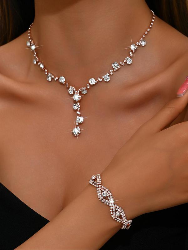 Women's Elegant Rhinestone Decorated Necklace & Bracelet & Earrings, Exquisite Trendy Jewelry Set, Fashionable Accessories for Party & Daily Clothing Decor