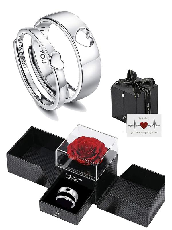 Hollow Out Heart Design Couple Ring with Gift Box, Elegant Rose Gift Box Engagement Ring, Fashion Accessories for Women & Men