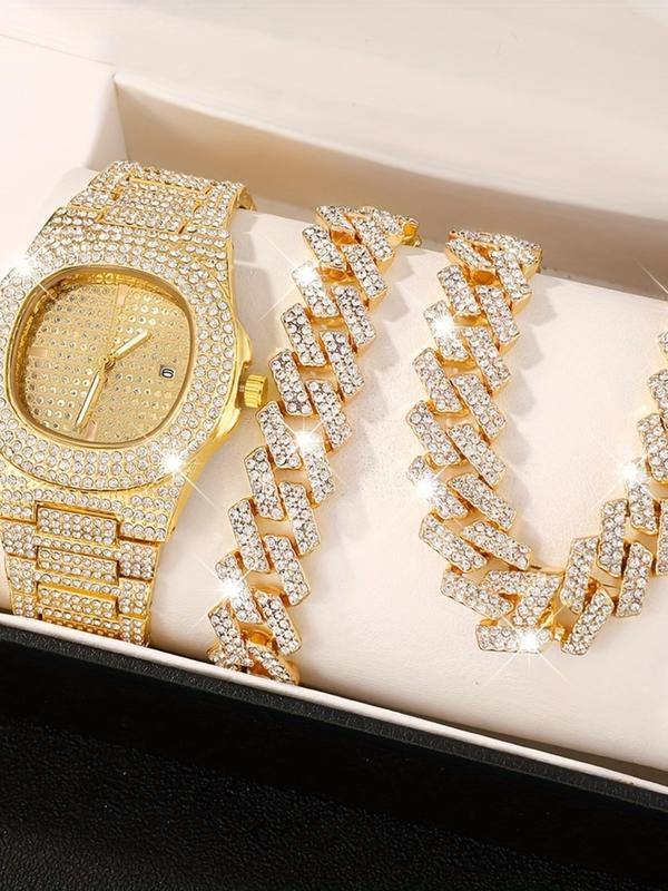 Men's Business Fashion Rhinestone Decorated Watch & Bracelet & Necklace Set, Fashion Watch Set for Party, Daily  Decor, Trendy Exquisite Watch Set for Gift