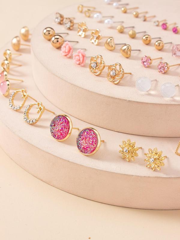 30 Pairs Women's Elegant Rhinestone & Faux Pearl Decorated Stud Earrings, Heart & Flower & Bowknot Design Stud Earrings,  Fashionable Jewelry For Women & Girls