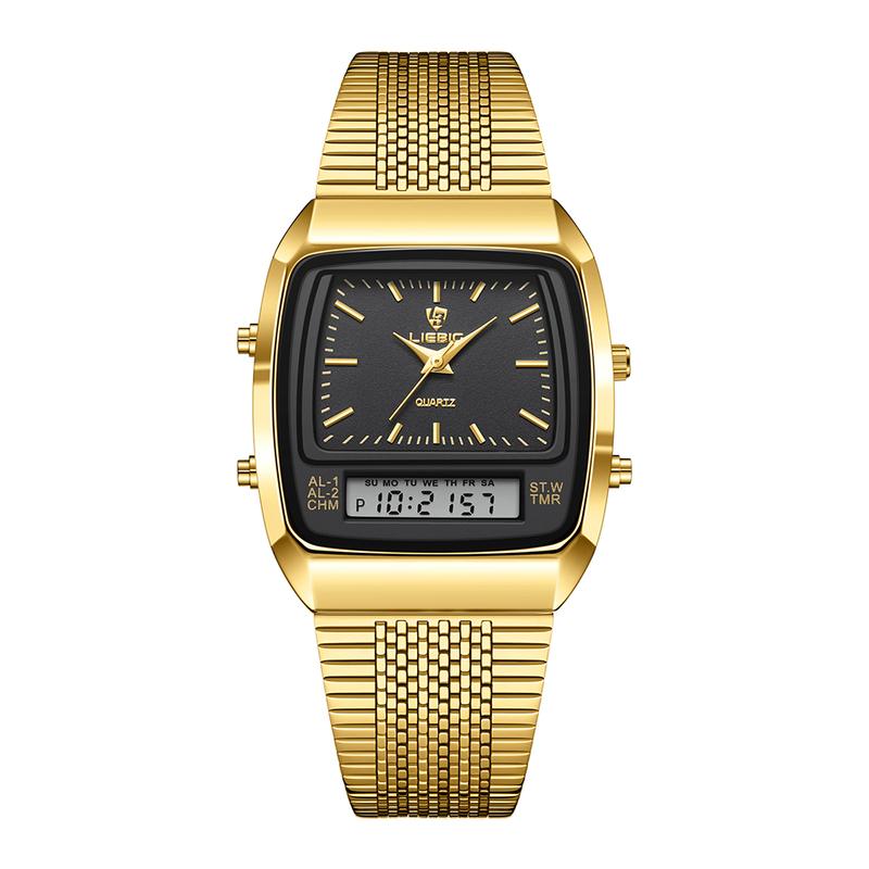[Livestream Deal] Liebig Retro - Gold Dual Display Quartz Stainless Steel Wristwatch for Men