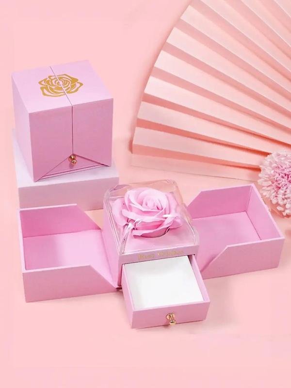 Hollow Out Heart Design Couple Ring with Gift Box, Elegant Rose Gift Box Engagement Ring, Fashion Accessories for Women & Men
