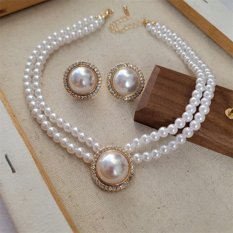 New Fashion Elegant Round Alloy Rhinestone Imitation Pearl Beaded Necklace Earring Jewelry Set Bridal Wedding Accessories