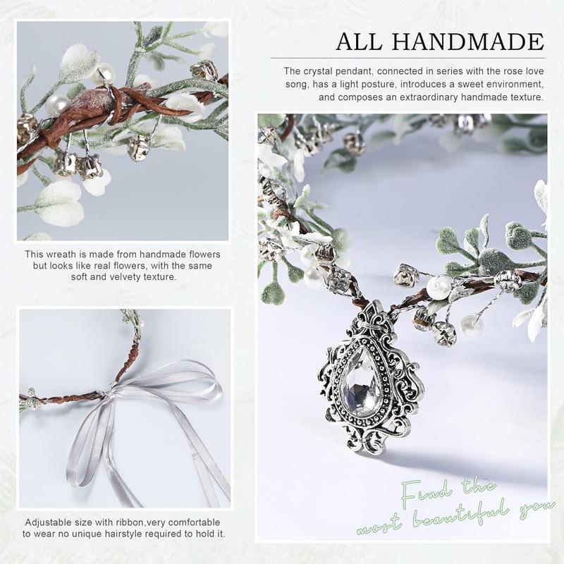 1pcs Handmade Fairy Flower Crown - Elf Headpiece Floral Headband Woodland Circlet Forest Tiara For Women Renaissance Christmas Wedding Cosplay Party Green