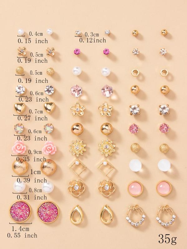 30 Pairs Women's Elegant Rhinestone & Faux Pearl Decorated Stud Earrings, Heart & Flower & Bowknot Design Stud Earrings,  Fashionable Jewelry For Women & Girls