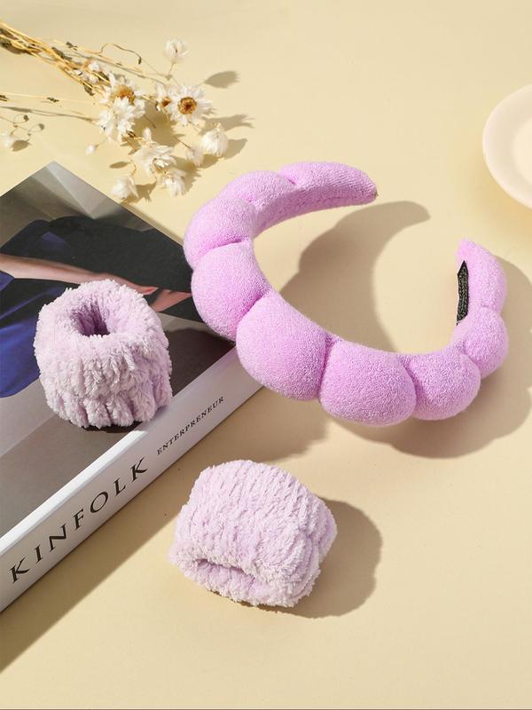 Women's Simple Solid Color Sponge Hair Hoop, 3pcs Face Washing Wristband for Hairstyle Ideas, Plush Hair Accessories Set, Suitable for Daily Washing