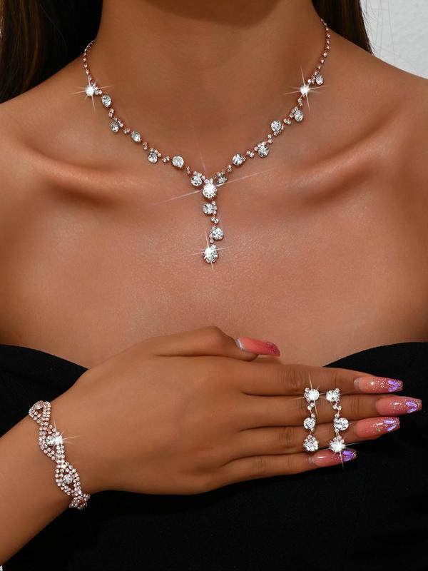 Women's Elegant Rhinestone Decorated Necklace & Bracelet & Earrings, Exquisite Trendy Jewelry Set, Fashionable Accessories for Party & Daily Clothing Decor