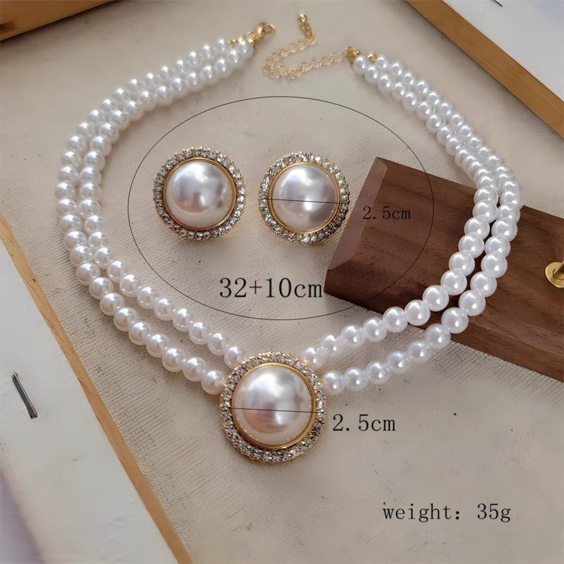 New Fashion Elegant Round Alloy Rhinestone Imitation Pearl Beaded Necklace Earring Jewelry Set Bridal Wedding Accessories