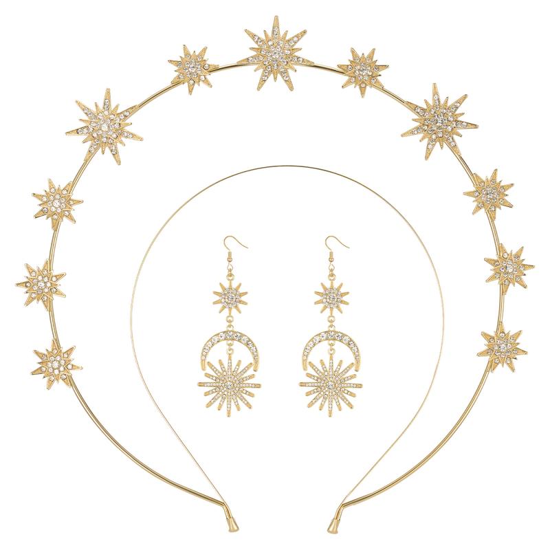 SWEETV Gold Halo Crowns Women Star Tiara and Dangle Earrings Set Wedding Headband Goddess Headpiece Cosplay Halloween Costume Photoshoot