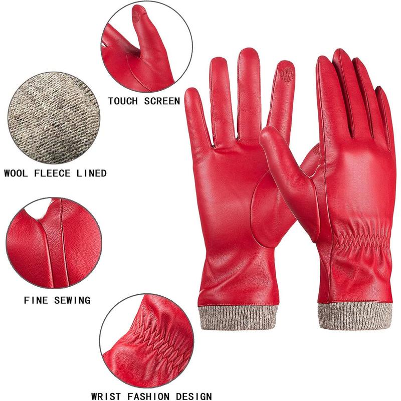 Winter Leather Gloves for Women, Warm Gloves, Touchscreen Texting Thick Thermal Snow Driving Gloves
