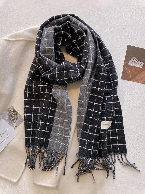 Women's Elegant Plaid Pattern Tassel Decor Scarf, Casual Soft Warm Comfy Shawl for Fall & Winter, Fashion Accessories for Daily Wear