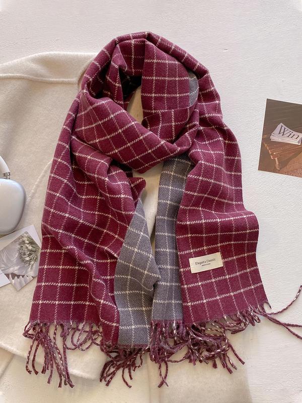 Women's Elegant Plaid Pattern Tassel Decor Scarf, Casual Soft Warm Comfy Shawl for Fall & Winter, Fashion Accessories for Daily Wear