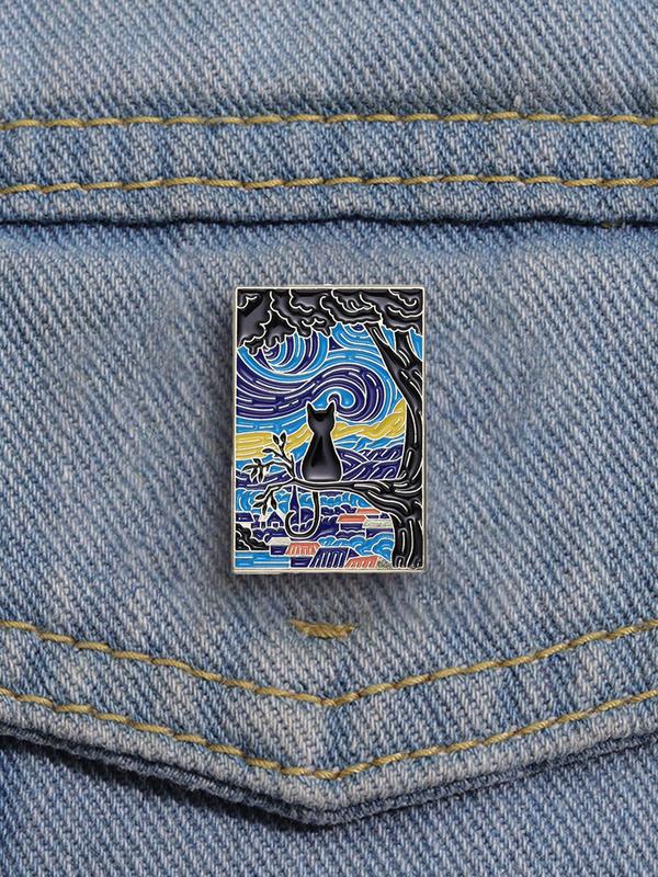 Cat & Starry Sky Pattern Brooch, Fashion Geometric Brooch for Party, Daily Clothing Decor, Trendy All-match & Exquisite Brooch for Birthday Gift