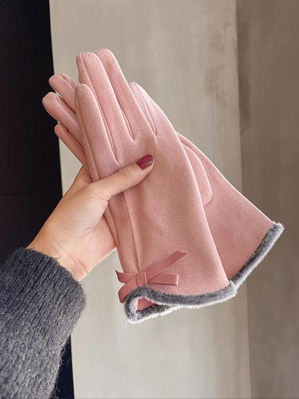Women's Cute Bow Decorated Gloves, 2024 New Style Solid Color Casual Trendy Warm Gloves for Women & Girls, Fashionable Windproof Touch Screen Gloves for Winter