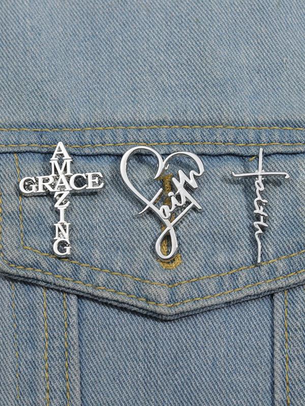 Letters Design Heart & Cross Brooch Set, Fashionable Clothes Accessories for Men & Women, Enamel Pin for Backpacks, Jeans, Scarves, Hats Decoration