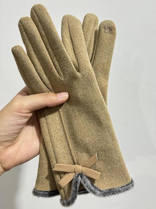 Women's Cute Bow Decorated Gloves, 2024 New Style Solid Color Casual Trendy Warm Gloves for Women & Girls, Fashionable Windproof Touch Screen Gloves for Winter