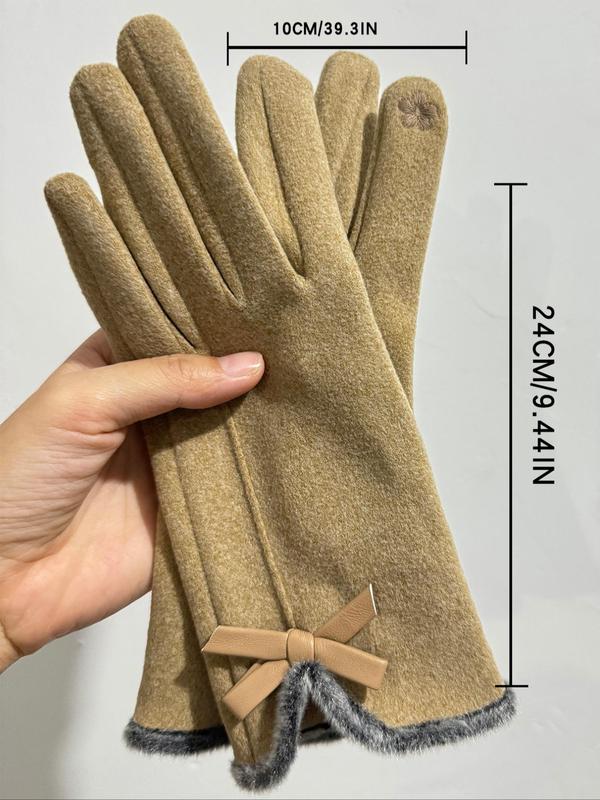 Women's Cute Bow Decorated Gloves, 2024 New Style Solid Color Casual Trendy Warm Gloves for Women & Girls, Fashionable Windproof Touch Screen Gloves for Winter