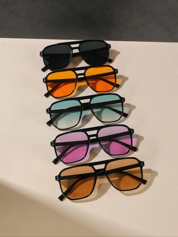 Unisex Simple Style Plain Color Sunglasses, Trendy Casual Flat Top Frame Double Bridge Sunglasses for Everyday Use, Fashion Accessories for Outdoor Activities