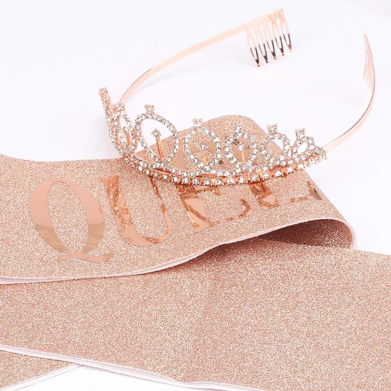Birthday Queen Crown & Sash Set, 2 Counts set Rhinestone Crown & Sash, Birthday Tiara for Girls, Princess Crown for Girls, Party Accessories