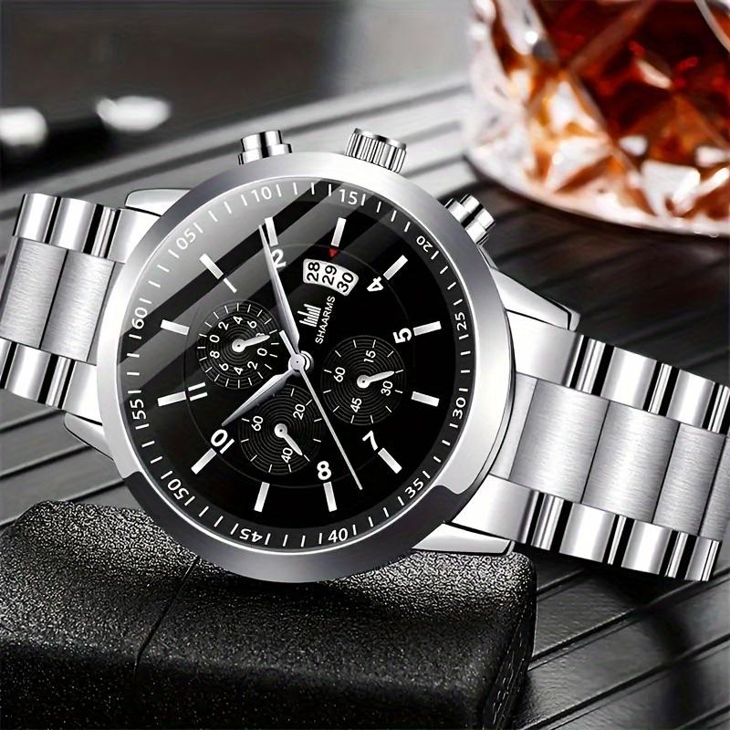 2pcs set, Luxury Men's Fashion Quartz Watch Set with Stainless Steel Bracelet - Precise Timekeeping, Water Resistant, Stylish Gift Idea for Him, Ideal for Business, Casual, Formal Occasions