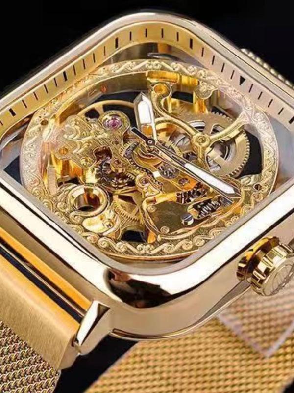 Men's Minimalist Hollow Out Design Mechanical Watch, Fashion Square Dial Analog Watch for Party, Daily Decor, Trendy All-match & Exquisite Watch for Gift with Box