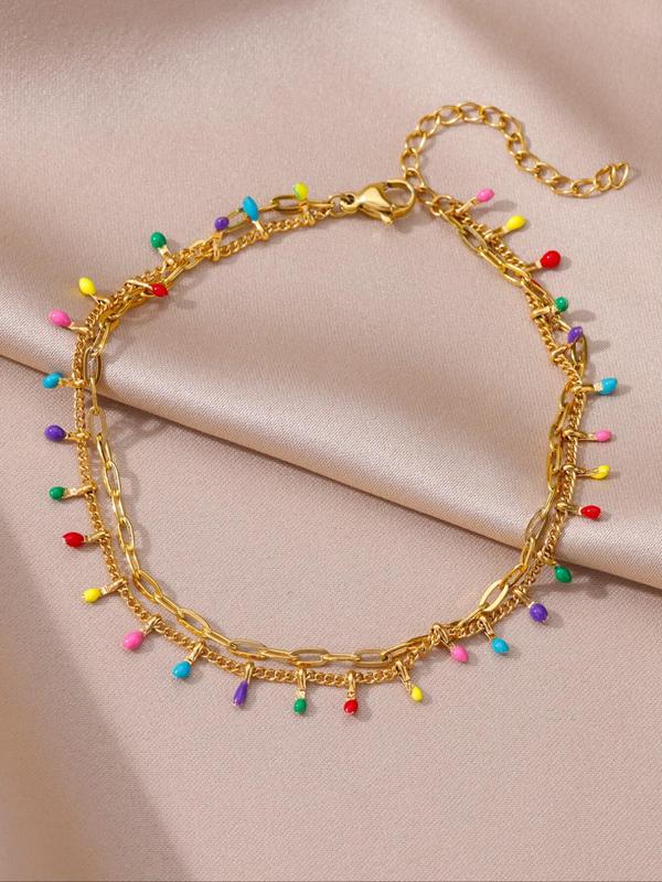 Colorful Layered Chain Decor Anklet, Adjustable Stainless Steel Anklet for Women & Girls, Fashion Jewelry for Party, Daily Clothing Decor, Trendy All-match & Exquisite Jewelry for Birthday Gift
