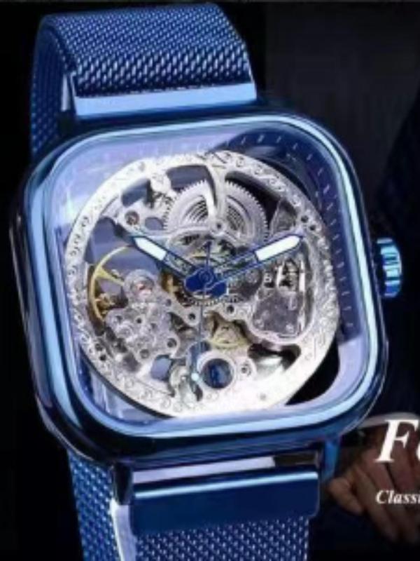 Men's Minimalist Hollow Out Design Mechanical Watch, Fashion Square Dial Analog Watch for Party, Daily Decor, Trendy All-match & Exquisite Watch for Gift with Box