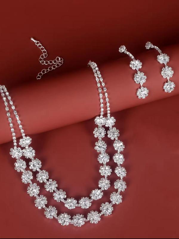 Women's Elegant Rhinestone Decorated Jewelry Set, Exquisite Trendy Pendant Necklace & Dangle Earrings & Bracelet & Ring, Fashionable Jewelry Set for Party Decoration