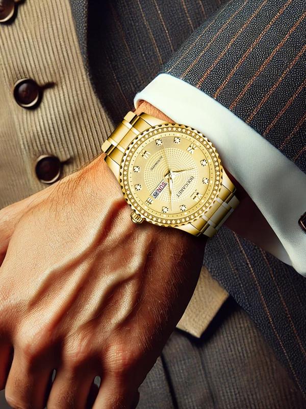 Men's Business Fashion Round Dial Analog Quartz Watch, with Box, Rhinestone Decor Luminous Watch for Party, Daily Decor, Trendy Watch for Birthday Gift