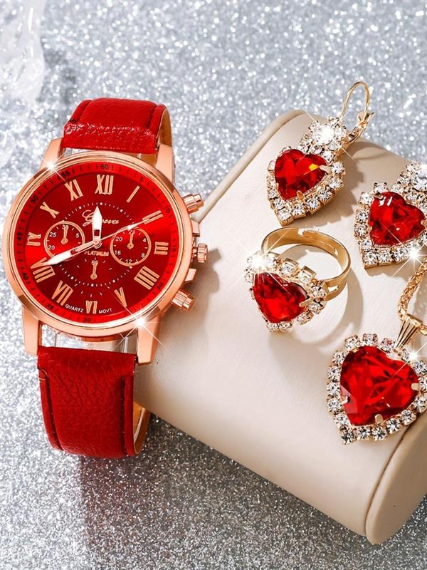 Women's Elegant Rhinestone Decorated Quartz Watch & Jewelry Set, Including Round Dial Watch & Heart Design Necklace & Ring & Earrings, Fashionable Watch Set for Women As Gift