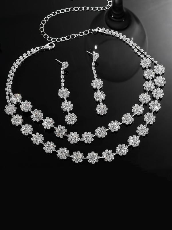 Women's Elegant Rhinestone Decorated Jewelry Set, Exquisite Trendy Pendant Necklace & Dangle Earrings & Bracelet & Ring, Fashionable Jewelry Set for Party Decoration