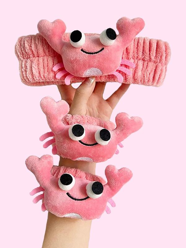 Cute Cartoon Crab Design Hair Band & Wristband Set, Waterproof Elastic Makeup Hair Band, Fashion Hair Accessories for Women & Girls