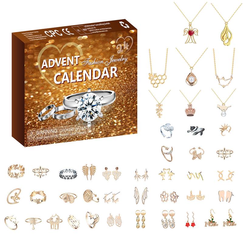 24 Days Christmas Jewelry Calendar 24-Piece Set Christmas Jewelry Advent Calendar Necklace Rings Earrings Countdown Calendar for Christmas and New Year Gift