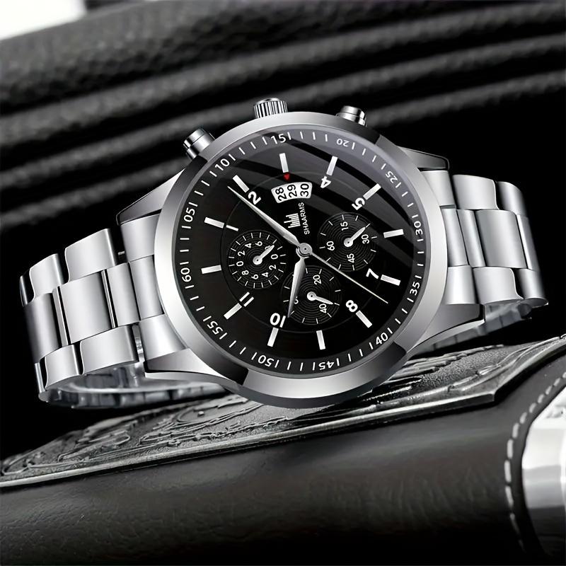 2pcs set, Luxury Men's Fashion Quartz Watch Set with Stainless Steel Bracelet - Precise Timekeeping, Water Resistant, Stylish Gift Idea for Him, Ideal for Business, Casual, Formal Occasions