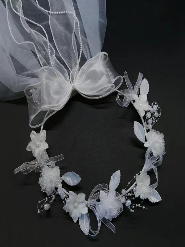 Mesh Bridal Veil with Flower and Faux Pearls Decor, Elegant Bowknot Design Veil for Wedding Bridal Party Formal Occasions