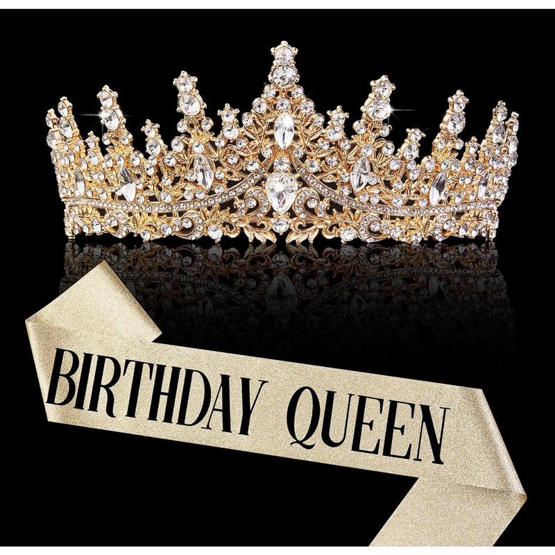 Gold Colour Crown for Women Birthday Queen Sash & Rhinestone Tiara Set Birthday Decoration Rhinestone Headband Glitter Faux Crystal Hair Accessories for Party