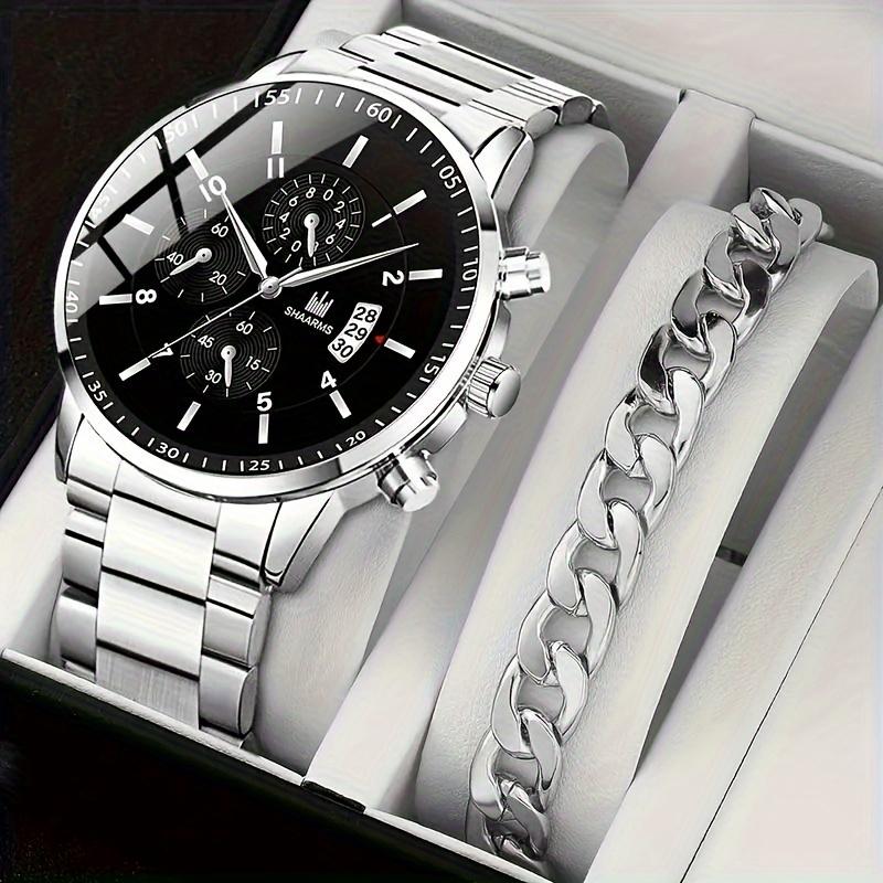 2pcs set, Luxury Men's Fashion Quartz Watch Set with Stainless Steel Bracelet - Precise Timekeeping, Water Resistant, Stylish Gift Idea for Him, Ideal for Business, Casual, Formal Occasions