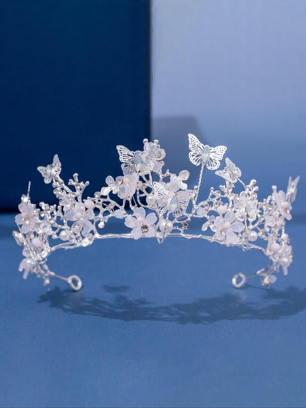 Elegant Style Butterfly & Flower Decor Crown, Gorgeous Sparkling Rhinestone Decorative Handmade Design Bridal Headwear, Perfect for Bridal, Anniversaries, Birthday, Exquisite Party Hair Accessories