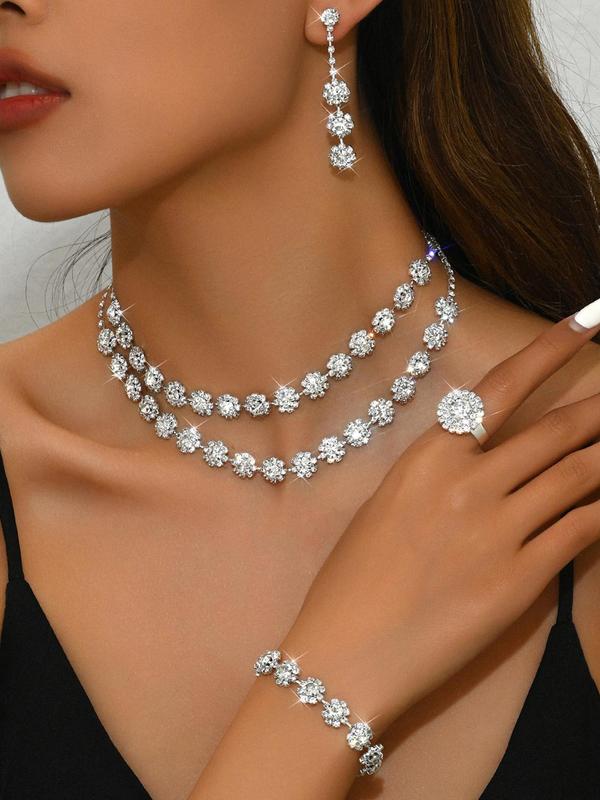 Women's Elegant Rhinestone Decorated Jewelry Set, Exquisite Trendy Pendant Necklace & Dangle Earrings & Bracelet & Ring, Fashionable Jewelry Set for Party Decoration