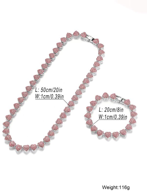 Fashion Elegant Rhinestone Decorated Necklace & Bracelet (2pcs set), Heart Design Necklace & Bracelet for Women & Men, Trendy Iced Outjewelry for Birthday Gift