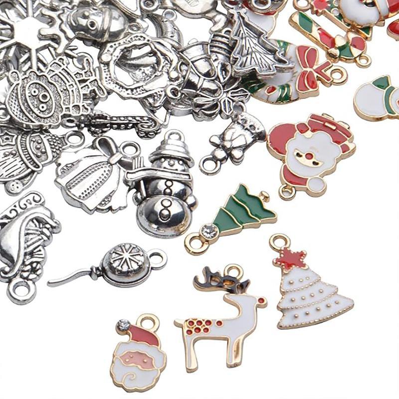 Christmas Themed Charms, 100pcs set Cute Snowflake & Tree & Santa Claus & Elk Design Pendant, DIY Jewelry Making Supplies for Bracelet & Necklace
