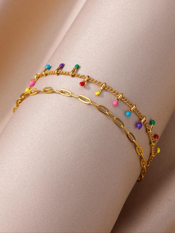 Colorful Layered Chain Decor Anklet, Adjustable Stainless Steel Anklet for Women & Girls, Fashion Jewelry for Party, Daily Clothing Decor, Trendy All-match & Exquisite Jewelry for Birthday Gift