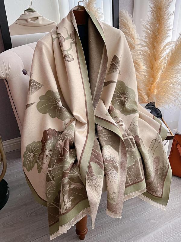 Women's Lotus Flowers & Leaves Pattern Thick Double-sided Shawl, Casual Soft Warm Scarf for Fall & Winter, Fashion Accessories for Women & Girls
