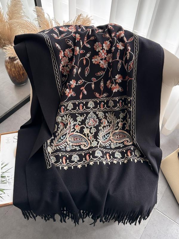 Floral Embroidery Tassel Decor Shawl, Boho Style Scarf for Women, Fashion Accessories for Fall & Winter