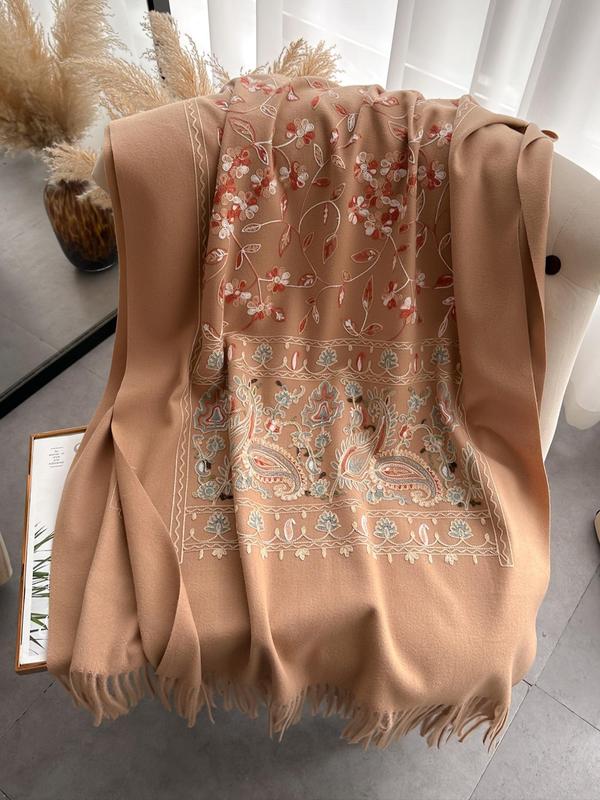 Floral Embroidery Tassel Decor Shawl, Boho Style Scarf for Women, Fashion Accessories for Fall & Winter